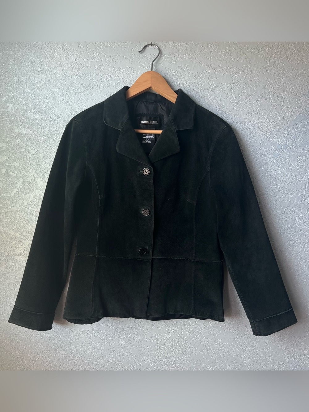Y2K Brandon Thomas Black Suede Leather Jacket Women’s M Button Front Blazer